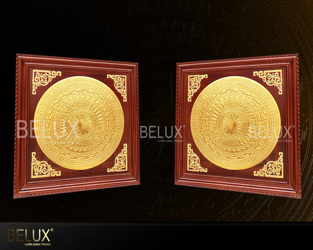 Tranh mặt trống đồng dát vàng 9999 khung gỗ gụ