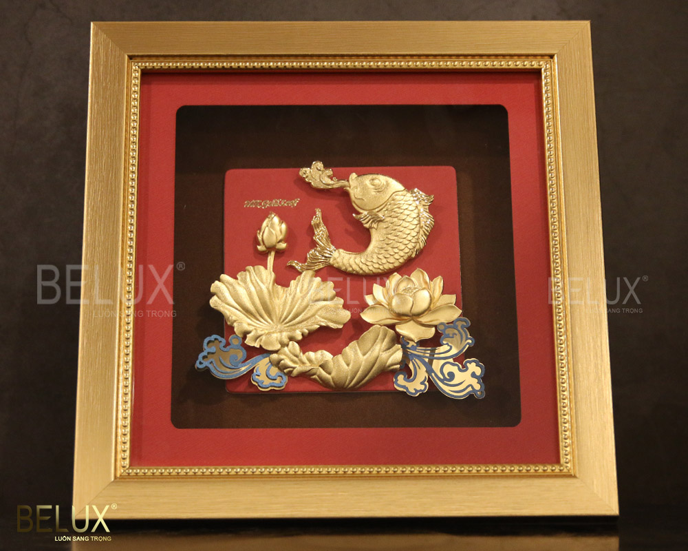 Tranh cá chép hoa sen dát vàng 24k 24x24cm