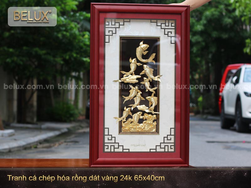 Tranh Cá Chép Hóa Rồng Dát Vàng 24k 65x40cm