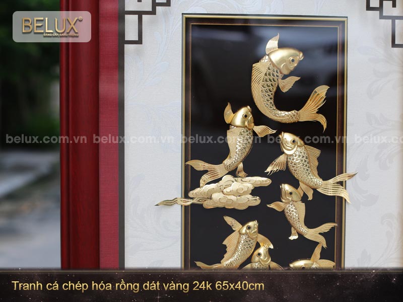 Tranh Cá Chép Hóa Rồng Dát Vàng 24k 65x40cm