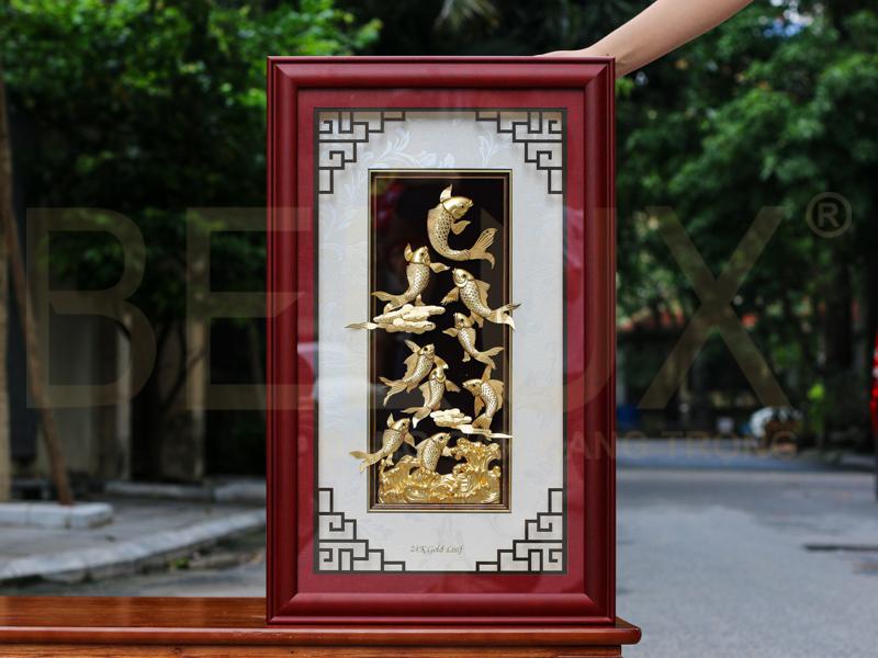 Tranh Cá Chép Hóa Rồng Dát Vàng 24k 65x40cm