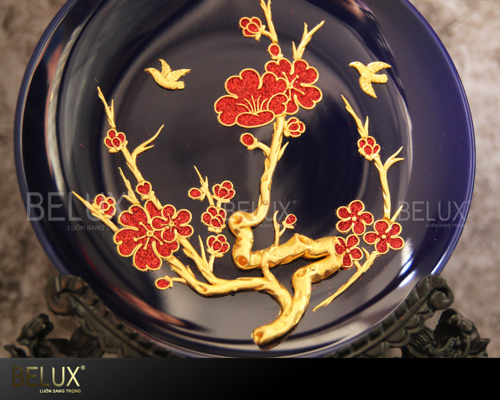 Đĩa chim én đón xuân dát vàng 24K D20 nền tím than