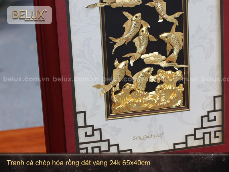 Tranh Cá Chép Hóa Rồng Dát Vàng 24k 65x40cm