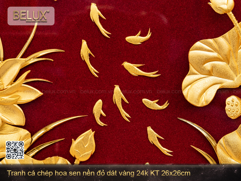 Tranh Cá Chép Hoa Sen Nền Đỏ Dát Vàng 24k KT 26x26cm