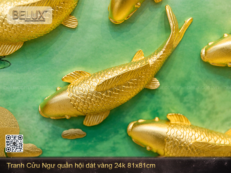 Tranh Cửu Ngư Quần Hội Dát Vàng 24k 81x81cm