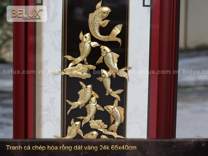 Tranh Cá Chép Hóa Rồng Dát Vàng 24k 65x40cm