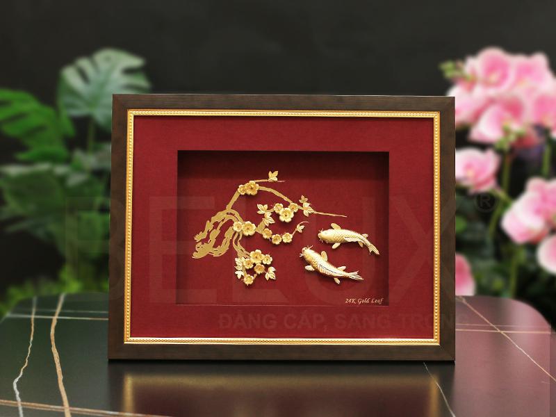 Tranh Cá Chép Hoa Mai Dát Vàng 24k