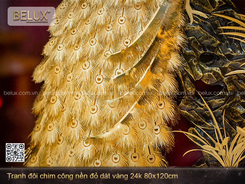 Tranh Đôi Chim Công Nền Đỏ Dát Vàng 24k