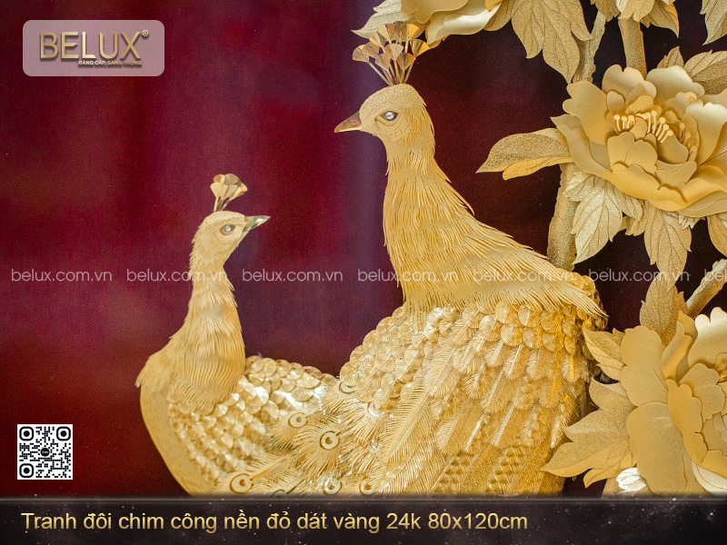 Tranh Đôi Chim Công Nền Đỏ Dát Vàng 24k