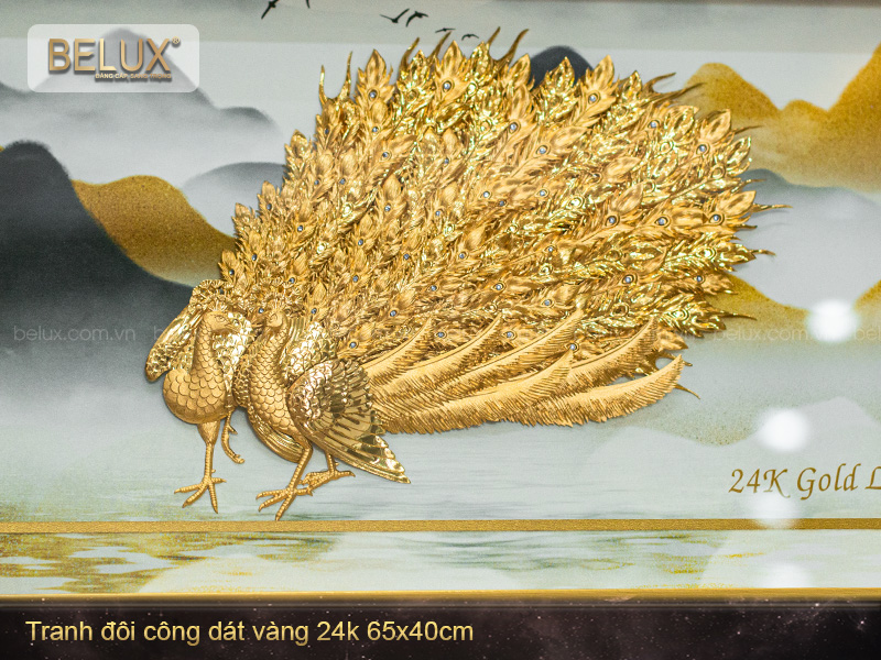 Tranh Đôi Chim Công Dát Vàng 24K 65x40cm Mẫu 2