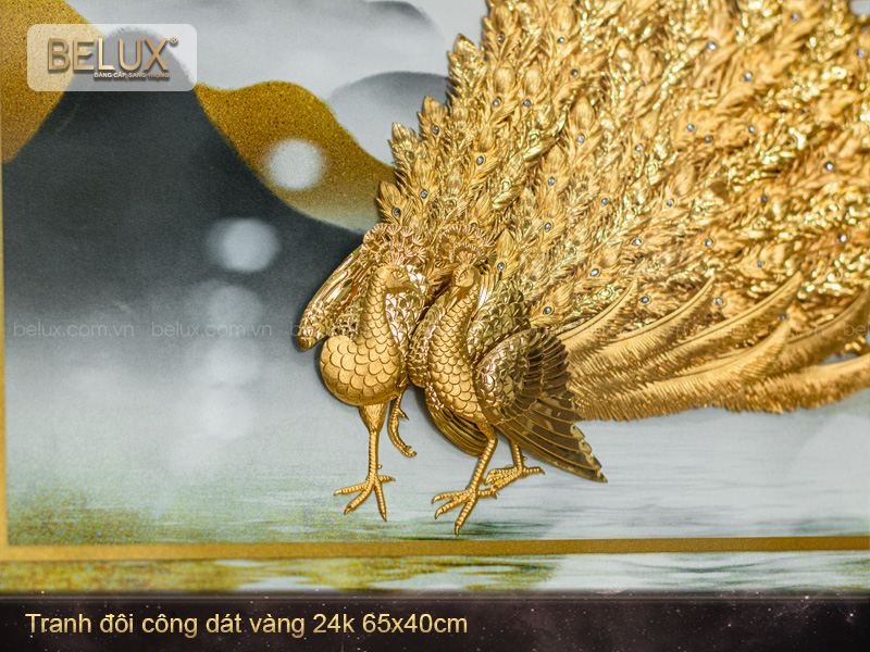 Tranh Đôi Chim Công Dát Vàng 24K 65x40cm Mẫu 2
