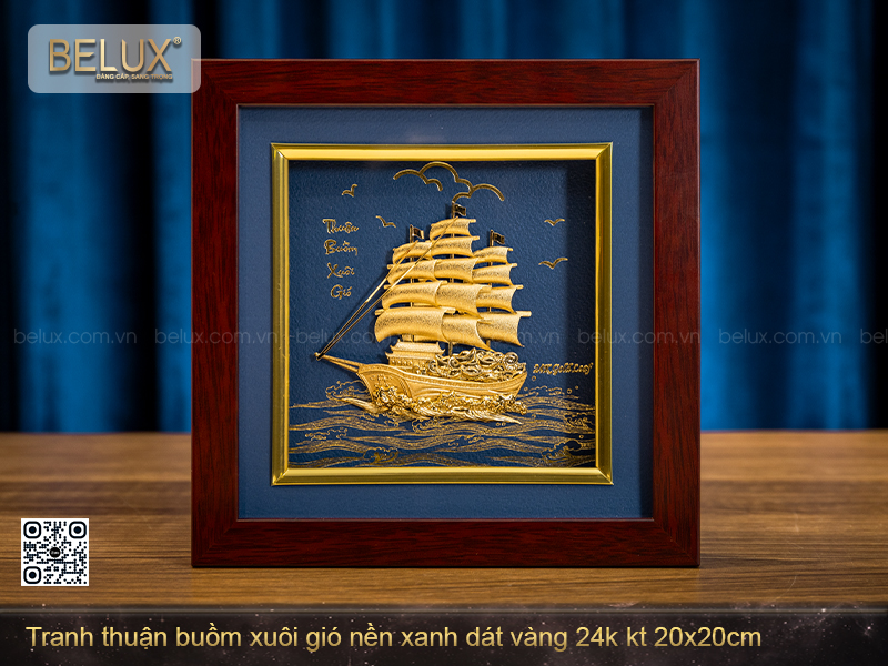 Tranh "Thuận Buồm Xuôi Gió" Nền Xanh Dát Vàng 24k (20x20cm) – Khát Vọng Vươn Khơi &amp; Bản Lĩnh Người Thuyền Trưởng