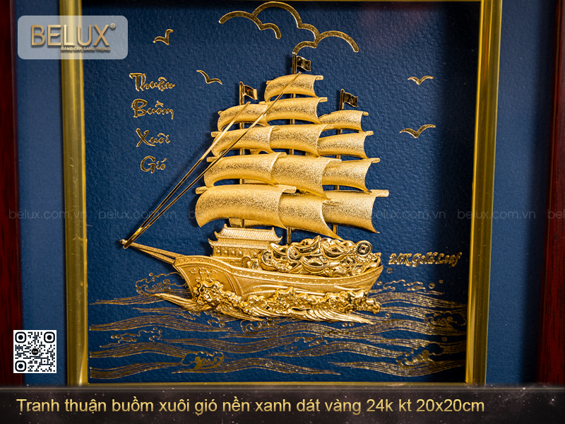 Tranh "Thuận Buồm Xuôi Gió" Nền Xanh Dát Vàng 24k (20x20cm) – Khát Vọng Vươn Khơi &amp; Bản Lĩnh Người Thuyền Trưởng
