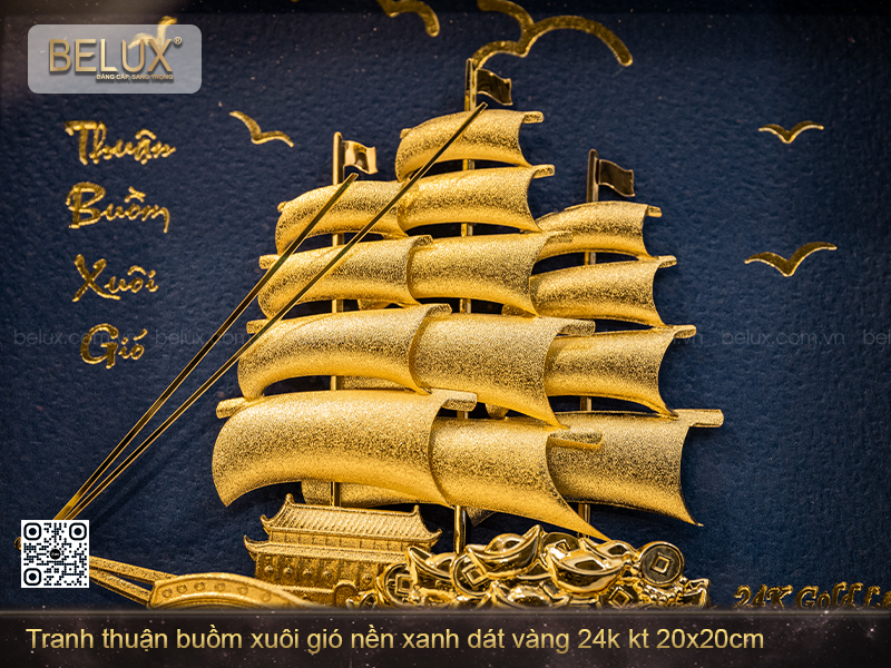 Tranh "Thuận Buồm Xuôi Gió" Nền Xanh Dát Vàng 24k (20x20cm) – Khát Vọng Vươn Khơi &amp; Bản Lĩnh Người Thuyền Trưởng