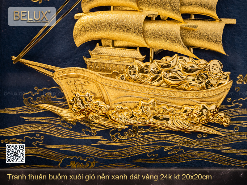 Tranh "Thuận Buồm Xuôi Gió" Nền Xanh Dát Vàng 24k (20x20cm) – Khát Vọng Vươn Khơi &amp; Bản Lĩnh Người Thuyền Trưởng