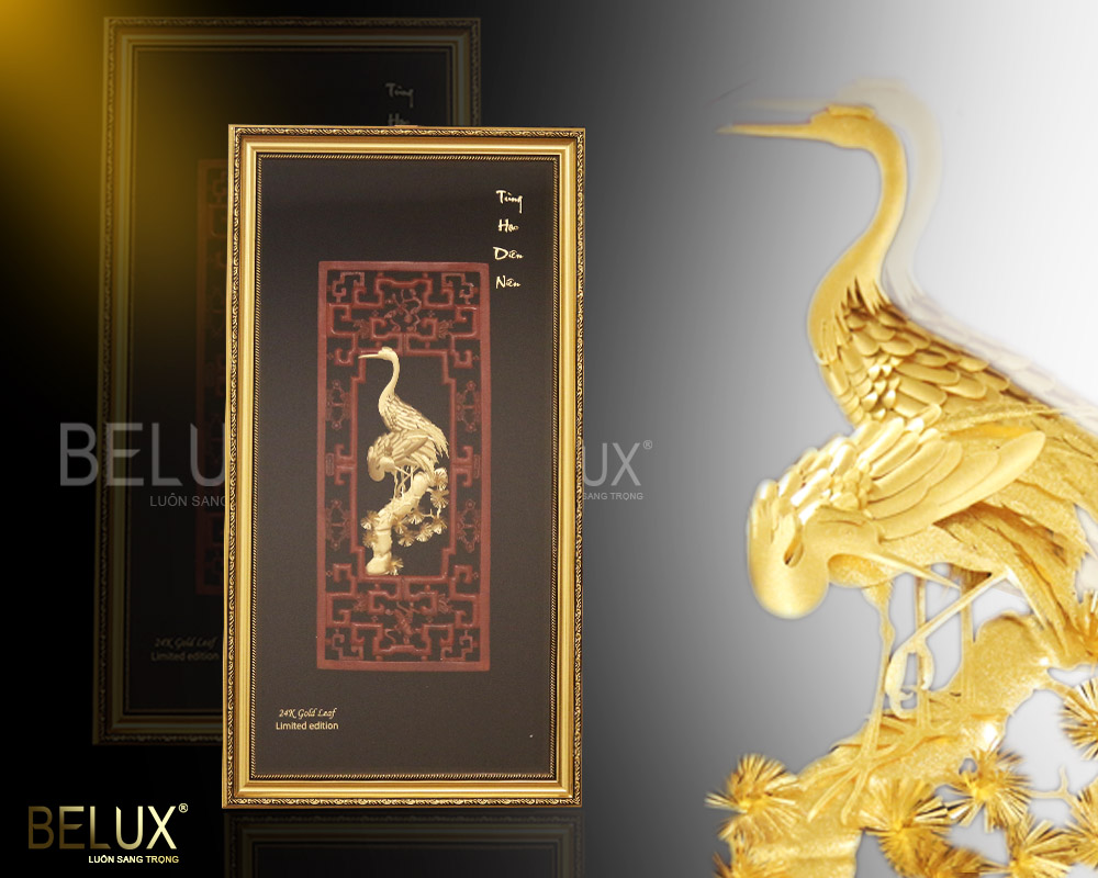 Tranh Tùng Hạc Diên Niên Dát Vàng 24K (cỡ Lớn)