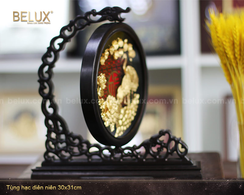 Tranh Tùng Hạc Diên Niên Dát Vàng 24K 30x31cm