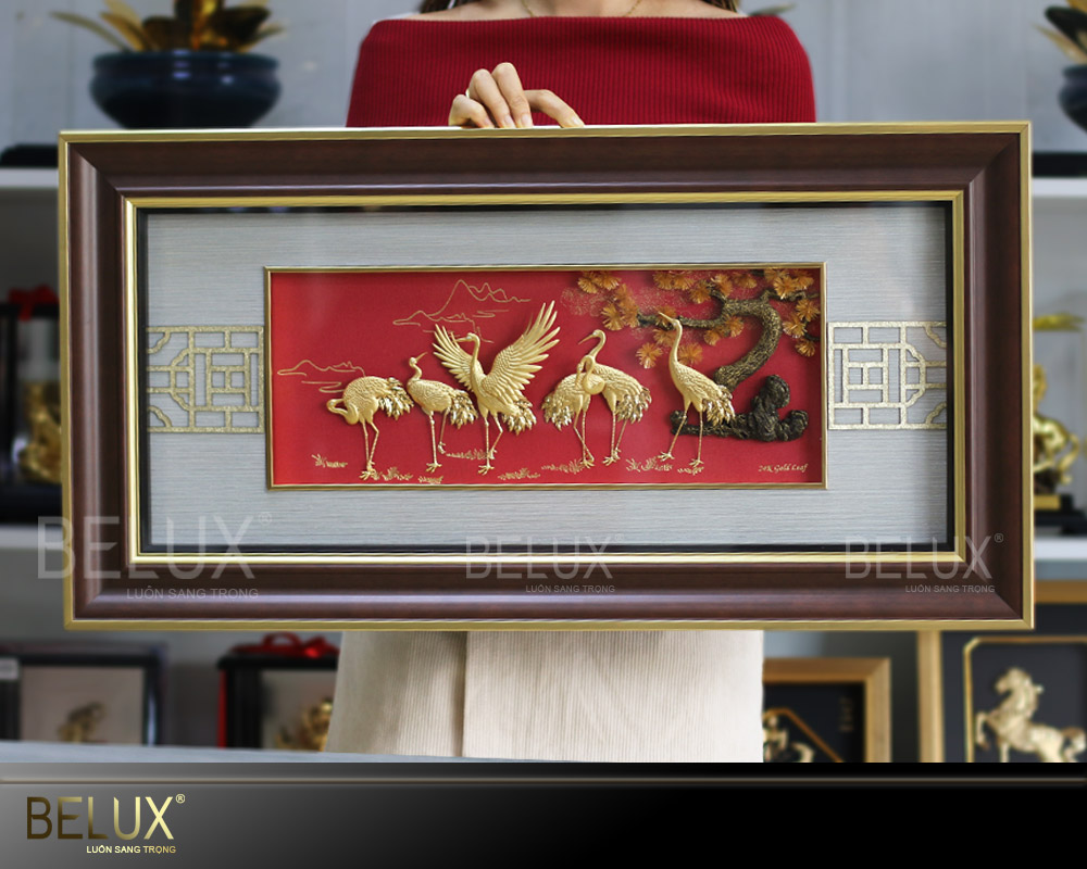 Tranh Tùng Hạc Diên Niên Dát Vàng 24K Mẫu 2