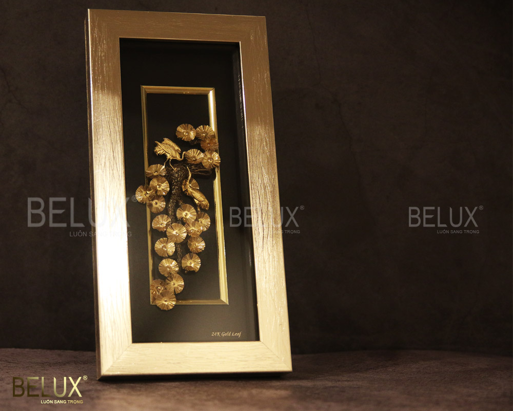 Tranh Tùng Hạc Diên Niên 24K 28×14 Cm