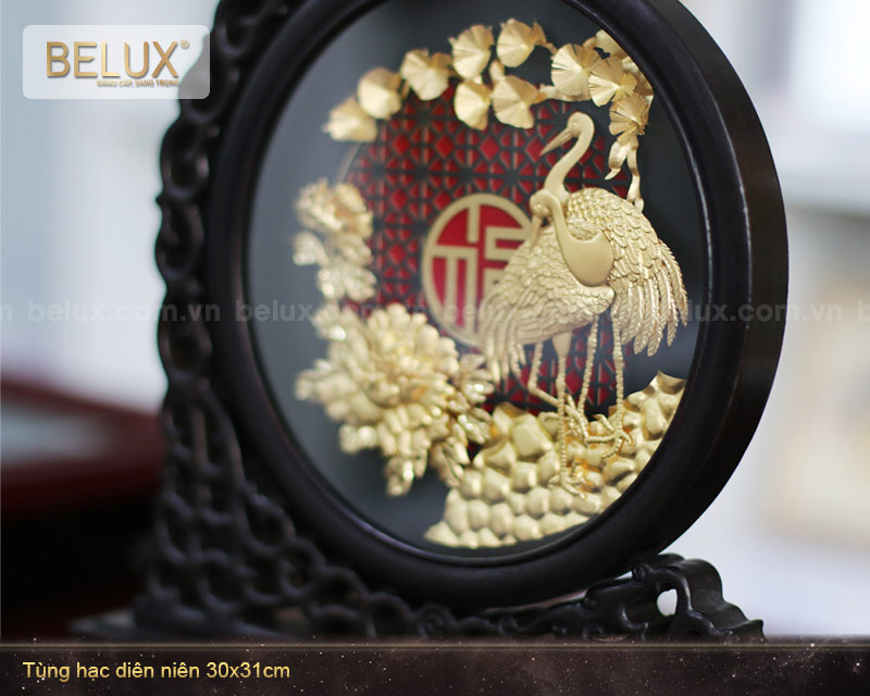 Tranh Tùng Hạc Diên Niên Dát Vàng 24K 30x31cm