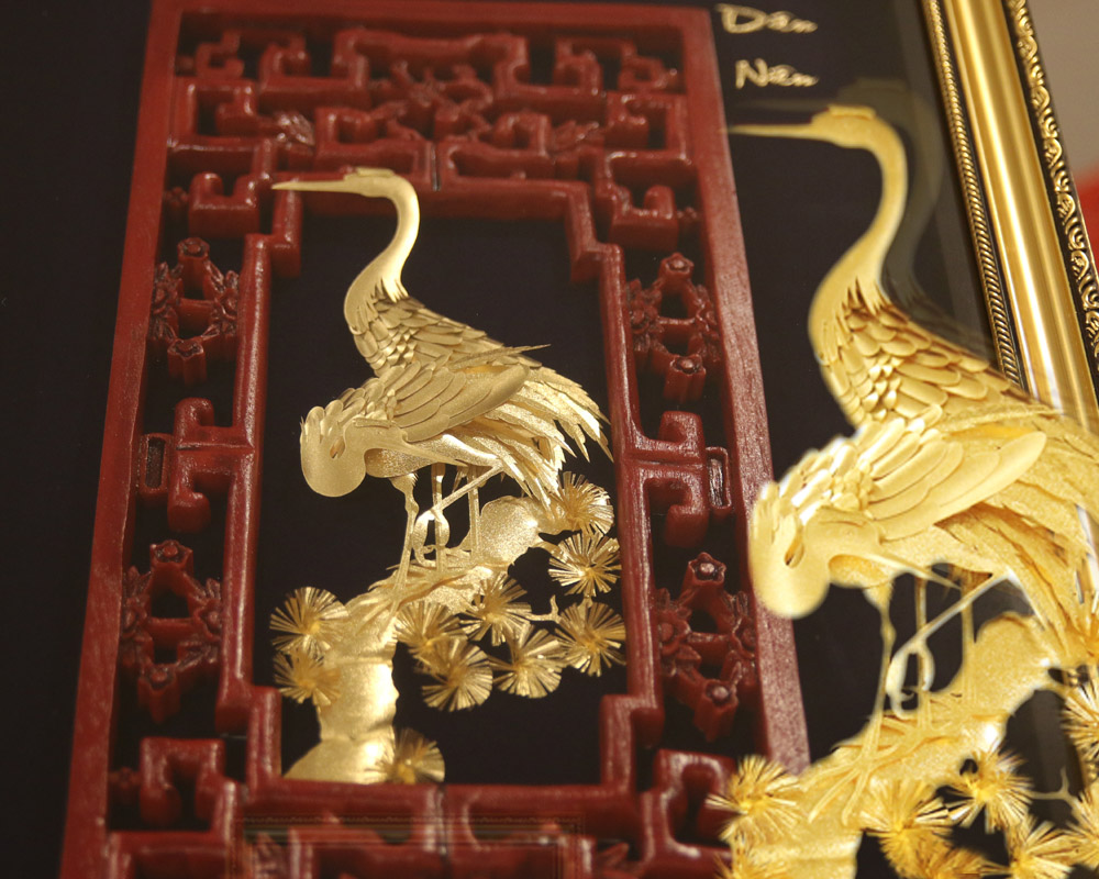 Tranh Tùng Hạc Diên Niên Dát Vàng 24K (cỡ Lớn)