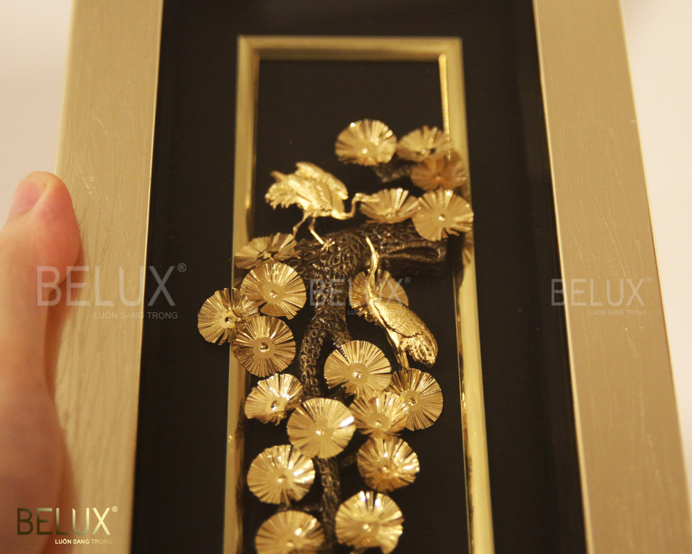 Tranh Tùng Hạc Diên Niên 24K 28×14 Cm