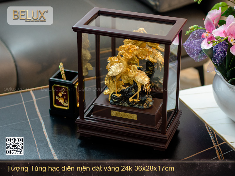 Tượng Tùng Hạc Diên Niên Dát Vàng 24k 36x28x17cm
