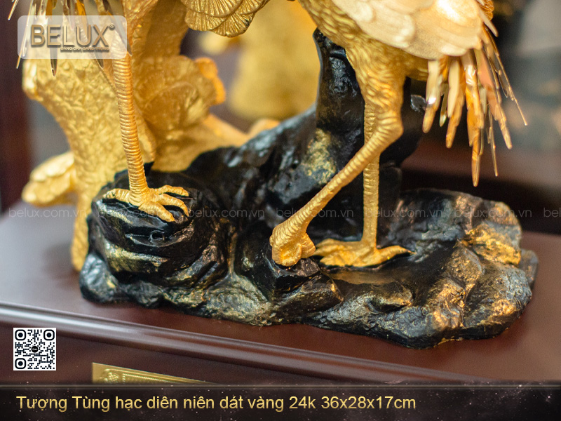Tượng Tùng Hạc Diên Niên Dát Vàng 24k 36x28x17cm