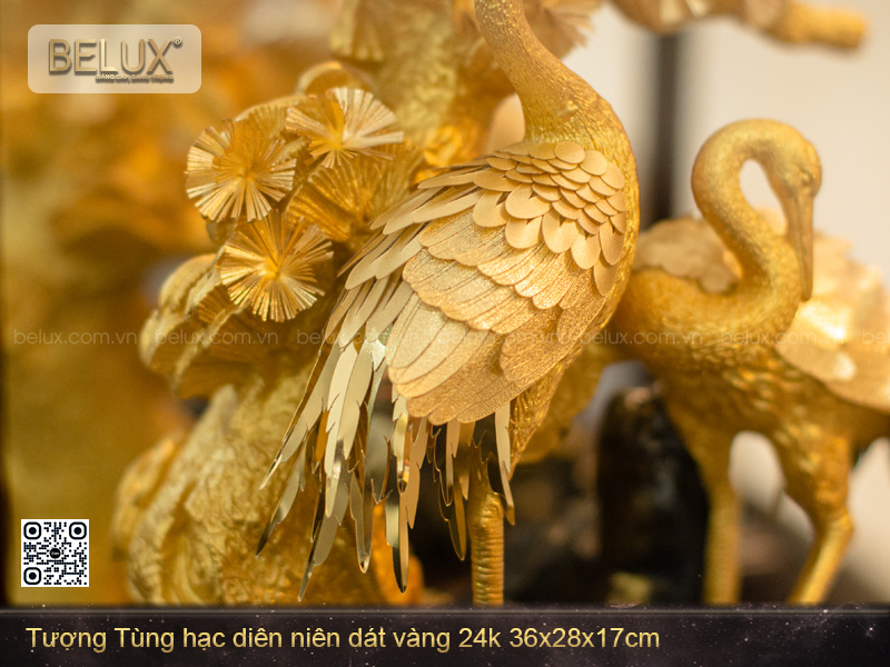 Tượng Tùng Hạc Diên Niên Dát Vàng 24k 36x28x17cm