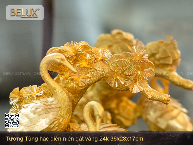 Tượng Tùng Hạc Diên Niên Dát Vàng 24k 36x28x17cm