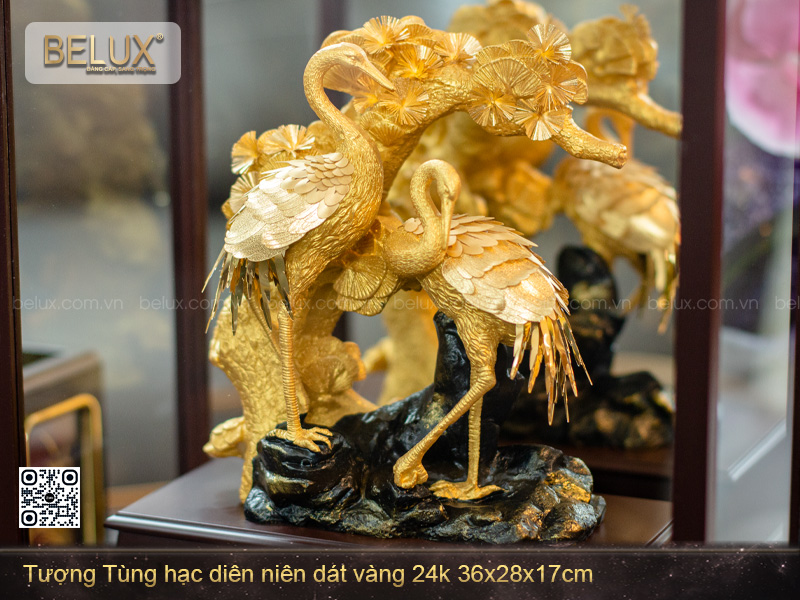 Tượng Tùng Hạc Diên Niên Dát Vàng 24k 36x28x17cm